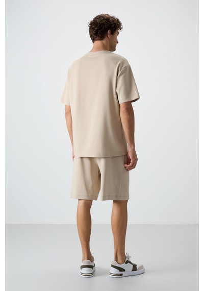 Tommy Life Bej Pamuklu Kalın Yumuşak Dokulu Oversize Fit Nakışlı Erkek Şort Takım - 85250