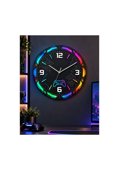 Oyuncu Gaming Temalı Ahşap 45 Cm Sessiz Akar Mekanizmalı Uv Baskılı Dekoratif Duvar Saati Hediyelik 1063 Çok Renkli