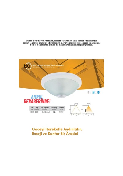 Pelsan Tio Pts Tavan Armatür 1099641 + Ack 9w Led Ampul 880 Lümen Set Beyaz
