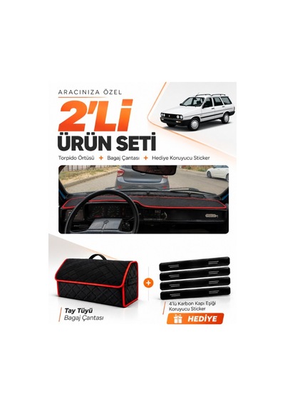 Renault 12 Toros Kapaksız 1969-2000 Uyumlu Torpido Örtüsü + Tay Tüyü Çanta Seti - Siyah Kırmızı