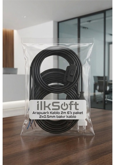 Siyah Arapuarlı Seyyar Fişli Kablo 2 Metre 2x0,5 Mm² Bakır Kablo 6'lı Paket