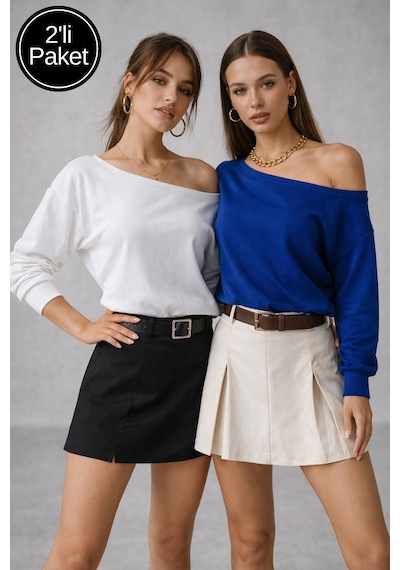 Rich Kadın 2'li Paket Saks Mavi - Beyaz Düşük Omuz Modal Bluz Saks Mavi-beyaz