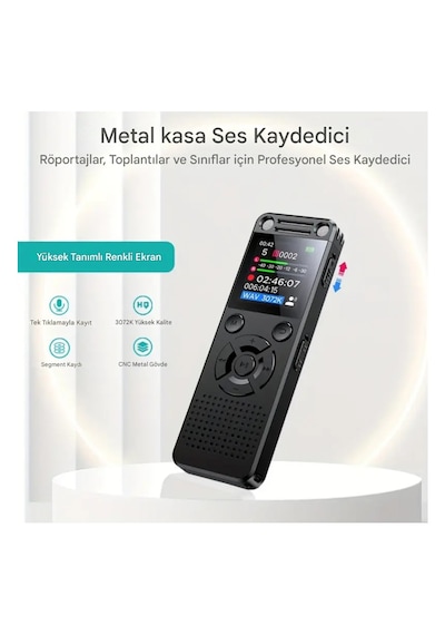 Metal Ses Kayıt Cihazı 32gb Çift Hoparlör, Kristal Mikrofon, 75 Saat Pil, Gürültü Azaltma