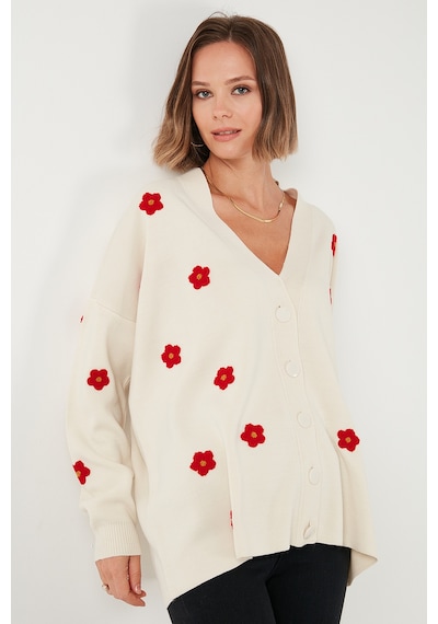 Lela Oversize Fit Çiçekli Düğmeli V Yaka Soft Akrilik Bayan Hırka 4616192 Krem