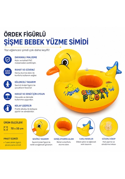 Ördek Figürlü Şişme Bebek Yüzme Simidi 70x55 Cm