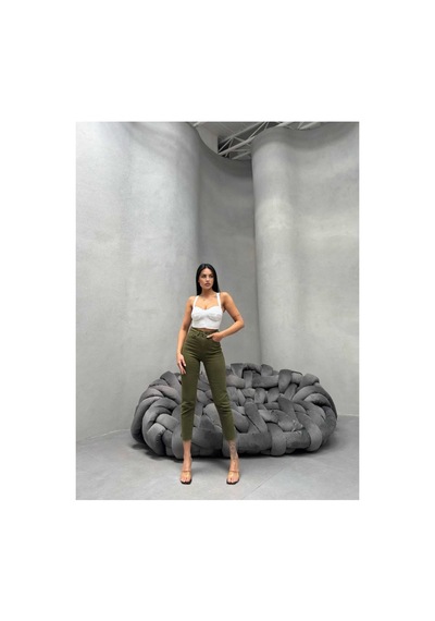 Kene Jeans Kadın Haki Yüksek Bel Keten Paça Kesik Dar Paça Pantolon Haki