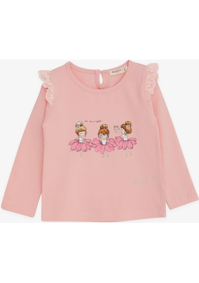 Breeze Kız Bebek Uzun Kollu Tişört Danscı Kız Baskılı Güpürlü 9 Ay-3 Yaş, Pudra-pudra Pudra