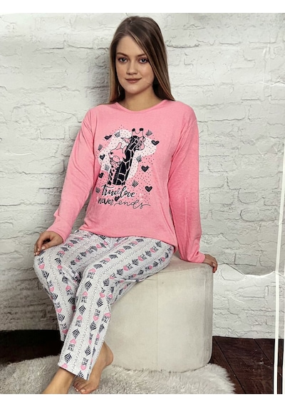 Novavita Pamuklu Pembe Resimli Pijama Takımı