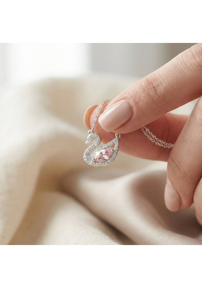 925 Ayar Gümüş Rodyum Kaplama Pembe Ve Beyaz Taşlı Kuğu Kolye Gümüş