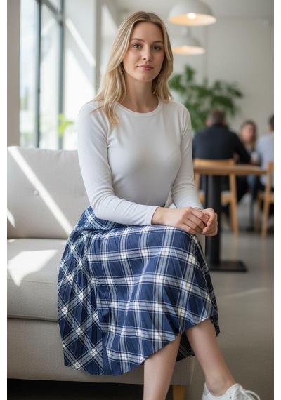 Eren Style Pileli Pamuklu Dijital Piliseli Beli Lastikli Etek 95 Cm - 38-46 Lacivert
