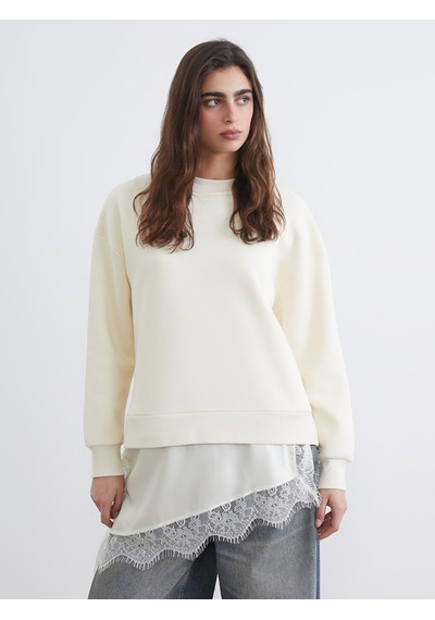Lcw Vision Bej Dantel Detaylı Oversize Kadın Kalın Sweatshirt