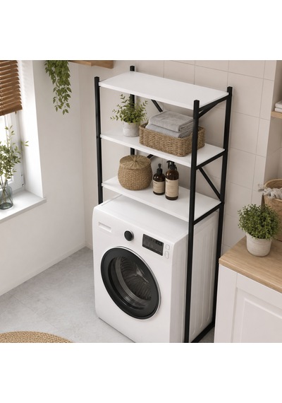 Braga Metal 3 Çamaşır Makinesi Üstü Düzenleyici Raf Beyaz Banyo Düzenleyici Dolap Siyah - Beyaz