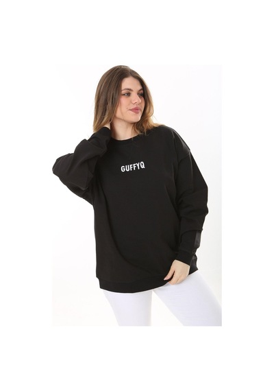 Şans Kadın Büyük Beden Siyah Pamuk Kumaş Nakış Yazılı Sweatshirt 65n37616-siyah Siyah