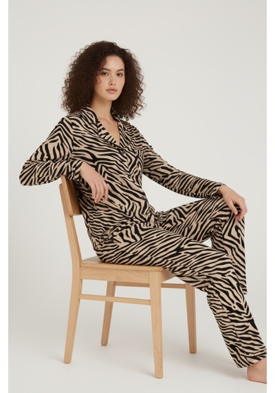 Luxury Viscose Zebra Desenli Kadın Uzun Kollu Pijama Takımı 42570 Zebra
