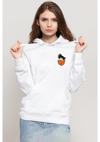 Dragon Ball Z Anime Son Goku Pocket Beyaz Kadın 3ip Kapşonlu Sweatshirt 001