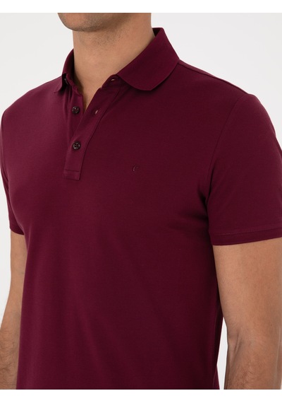 Bordo Slim Fit Polo Yaka Pamuklu Basic T-shirt Kirmizi