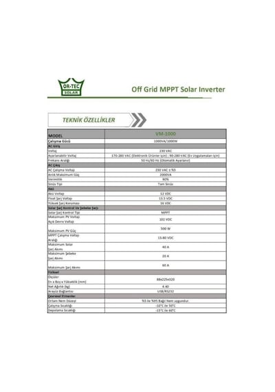 Ortec Solar 12v 1kw Mppt Akıllı İnverter Vm-1000