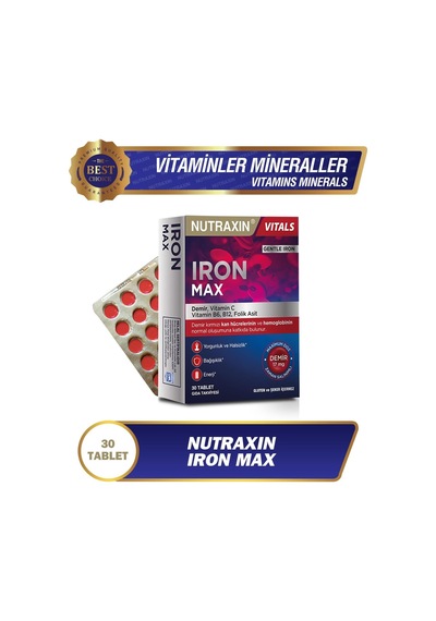 Ayrex Nutraxin Iron Max 30 Tablet Demir, C Vitamini, Folik Asit Ve B12 Vitamini İçeren Takviye