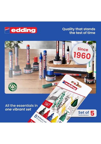 Edding 4500 Tekstil Kalemi - Siyah, Kırmızı, Mavi, Yeşil, Sarı - 5 Adet. - 2-3 Mm Yuvarlak Uç