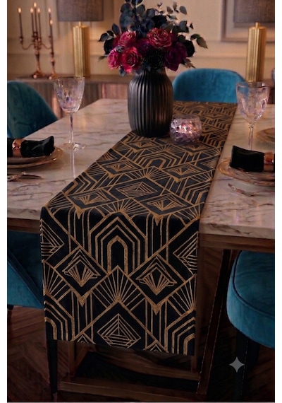 Premium Masa Runner Dijital Baskılı Çizgi Desenli Dekoratif Salon Mutfak Yemek Masası Runner Örtüsü 45x140 Cm Siyah