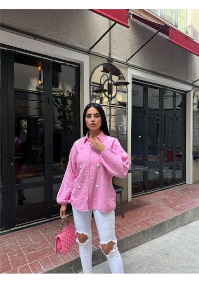 WeShaya Pembe Müslin Nakışlı Viskon Gömlek Pembe