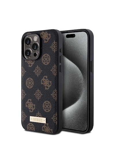 Apple Uyumlu iPhone 15 Pro Max Kılıf Guess Magsafe Şarj Özellikli Pu Deri Desenli Metal Plaka Logolu Siyah