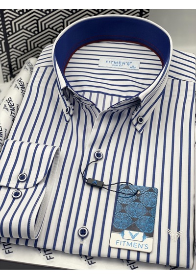 Slim Fit Uzun Kol Premium Kalın Çizgili Yaka Düğmeli Hediye Kutulu Kolay Ütülenebilir Erkek Gömlek Fs-001375 - Beyaz Saks Mavi-1491