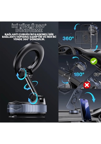 360 Ayarlanabilir Vakumlu Güçlü Manyetik Araç Telefon Tutucu Magsafe Uyumlu Vakumlu Vantuz 360 Katlanabilir Telefon Tutucu Geliştirilmiş Versiyon Siyah