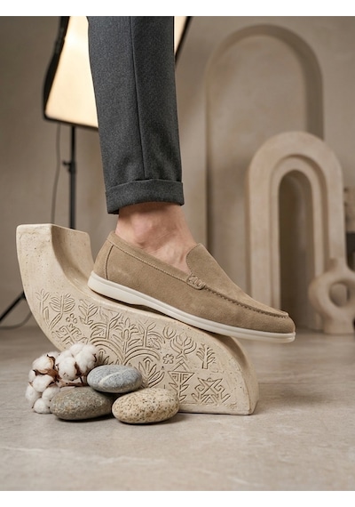 DMR Elegance Ba0252 %100 İçi Dışı Hakiki Deri Erkek Krem Süet Casual Loafer Termo Taban Ayakkabı Rekli