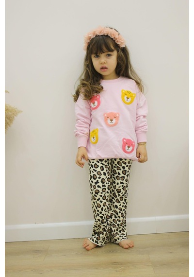 Miniko Kids Kız Çocuk Ayıcık Modelli Uzun Kol Pamuk Taytlı Takım Pembe