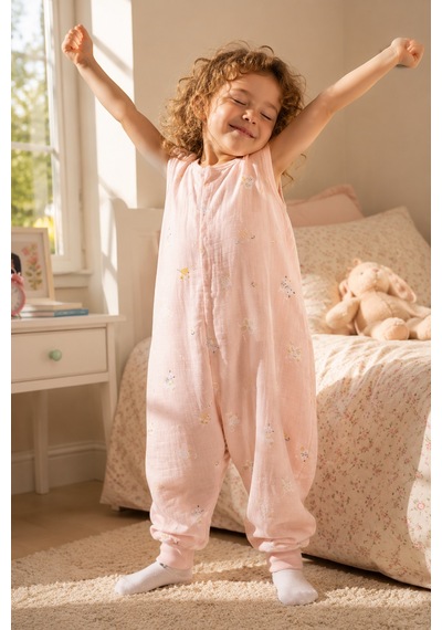 Babyhola Yazlık Müslin Çocuk Uyku Tulumu 1-8 Yaş Unisex Kısa Kollu %100 Pamuk 2703 Pembe
