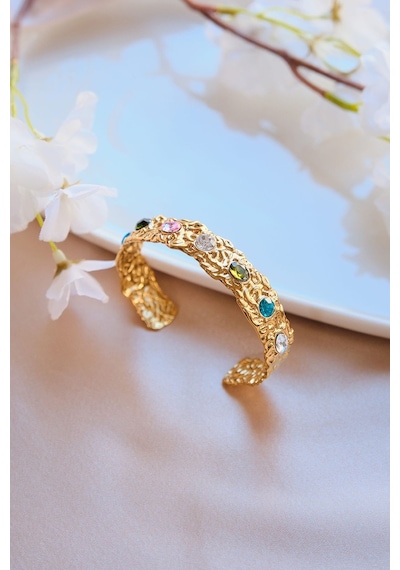 Gold Vintage Renkli Zirkon Taşlı Çelik Kelepçe Bileklik Gold