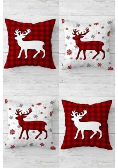 Baba Christmas Yılbaşı Gizli Fermuarlı Kırlent Kılıfı Koltuk Yastık Kılıfı Takım 4adet Kırmızı 45 X 45 Diğer