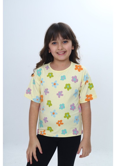 Toontoy Kids Toontoy Kız Çocuk Bisiklet Yaka Kısa Kollu Baskılı Tişört 24980 Açık Sarı