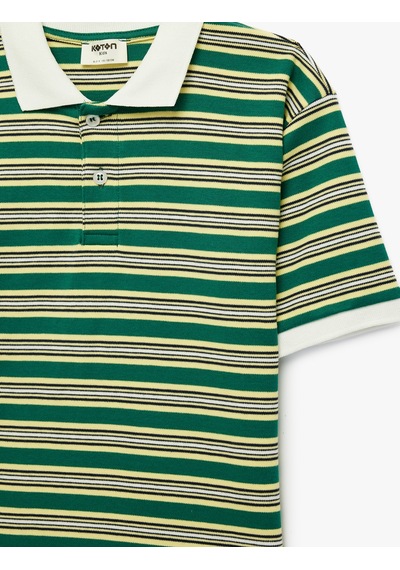 Koton Pamuklu Kısa Kollu Polo Yaka Çizgili Tişört Yeşil Çizgili 6skb10274tk