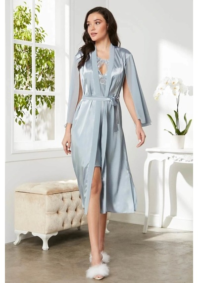 Pierre Cardin Saten Dantelli Gecelik Ve Sabahlık Takımı 4375 Mist 001