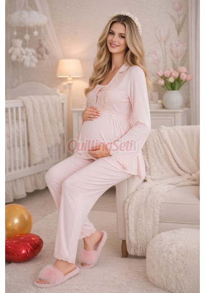 Quilling Bebe Pembe Renkli Dantel Detaylı, 33205 Uzun Kol, 2 Parça Lohusa Hamile Pijama Takımı Açık Pembe
