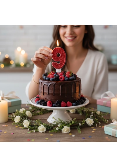 Kırmızı Sim Pasta Mumu Doğum Günü Mum 9 Yaş