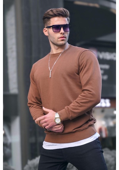 Madmext Kahverengi Basic Bisiklet Yaka Erkek Sweatshirt 6047 Kahverengi