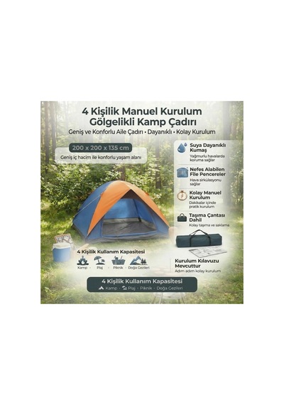 Buffer 4 Kişilik Manuel Kurulum Gölgelikli Kamp Çadırı Aile, Doğa, Piknik Ve Outdoor 200x200x135 Yeşil