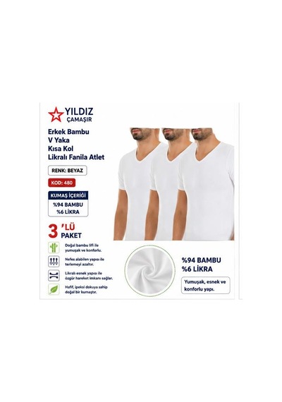 Yıldız Çamaşır Erkek Bambu V Yaka Kısa Kol Likralı Fanila Atlet 480-481-482 - 3 Adet Beyaz