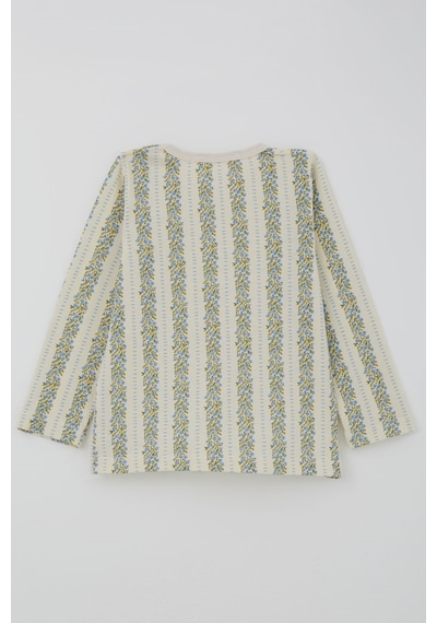 Breeze Kız Bebek Pijama Takımı Mavi Floral Çiçek Desenli Şeritli 9 Ay - 3 Yaş , Ekru