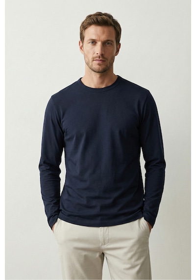 Elemge Pamuk Erkek Süprem Basic T-shirt Compact Penye Tok Kumaş Uzun Kollu Lacivert Sporcu Tişört Body 2XL