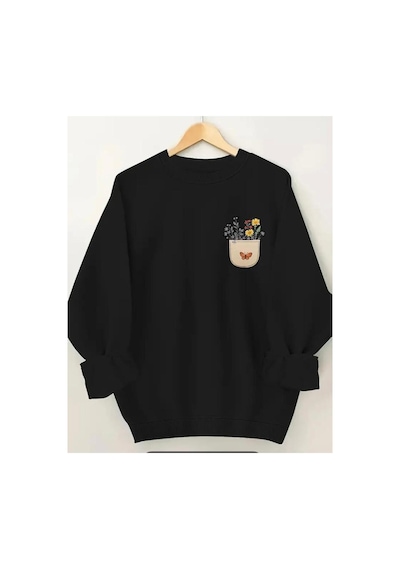 Herkesemoda Göğüs Baskılıı Bisiklet Yaka İçi Polarlı Sweatshirt Siyah