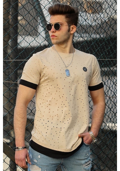 Madmext Camel Yırtık Detaylı Erkek Tişört 4489 Camel