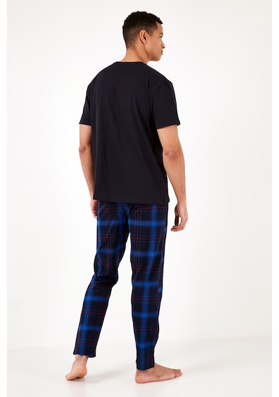 Buratti Ekoseli Pamuklu Regular Fit Kısa Kollu Erkek Pijama Takımı 6572002 Lacivert-Saks