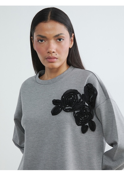 Lcwaıkıkı Classic Antrasit Çiçek Aplikeli Oversize Kadın Sweatshirt Tunik