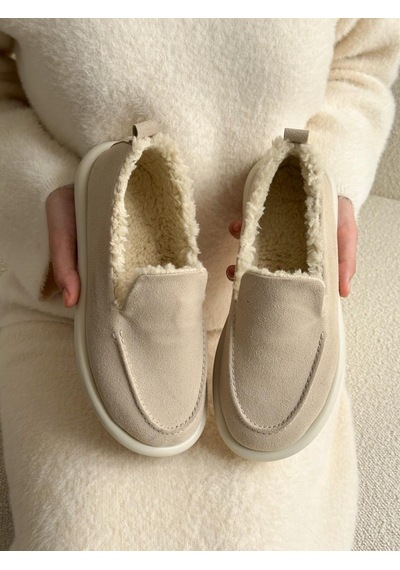 Ervanın Butiği Bej Süet Juno İci Peluş Kadın Loafer-5973