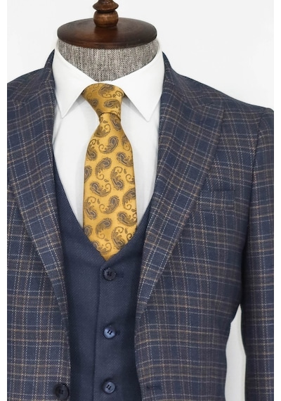 Ekose Ceketli Slim Fit Mavi Erkek Takım Elbise - Wessi Mavi