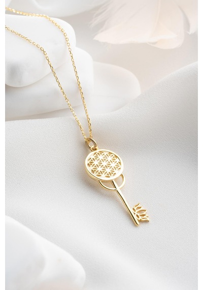 925 Ayar Gümüş Gold Kaplama Lotus Çiçeği Detaylı Anahtar Kolye Gold